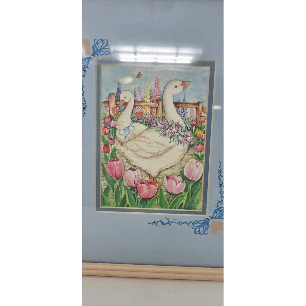 Vtg Figi Graphics water color Geese Tulips framed wall art countrycore CA-302